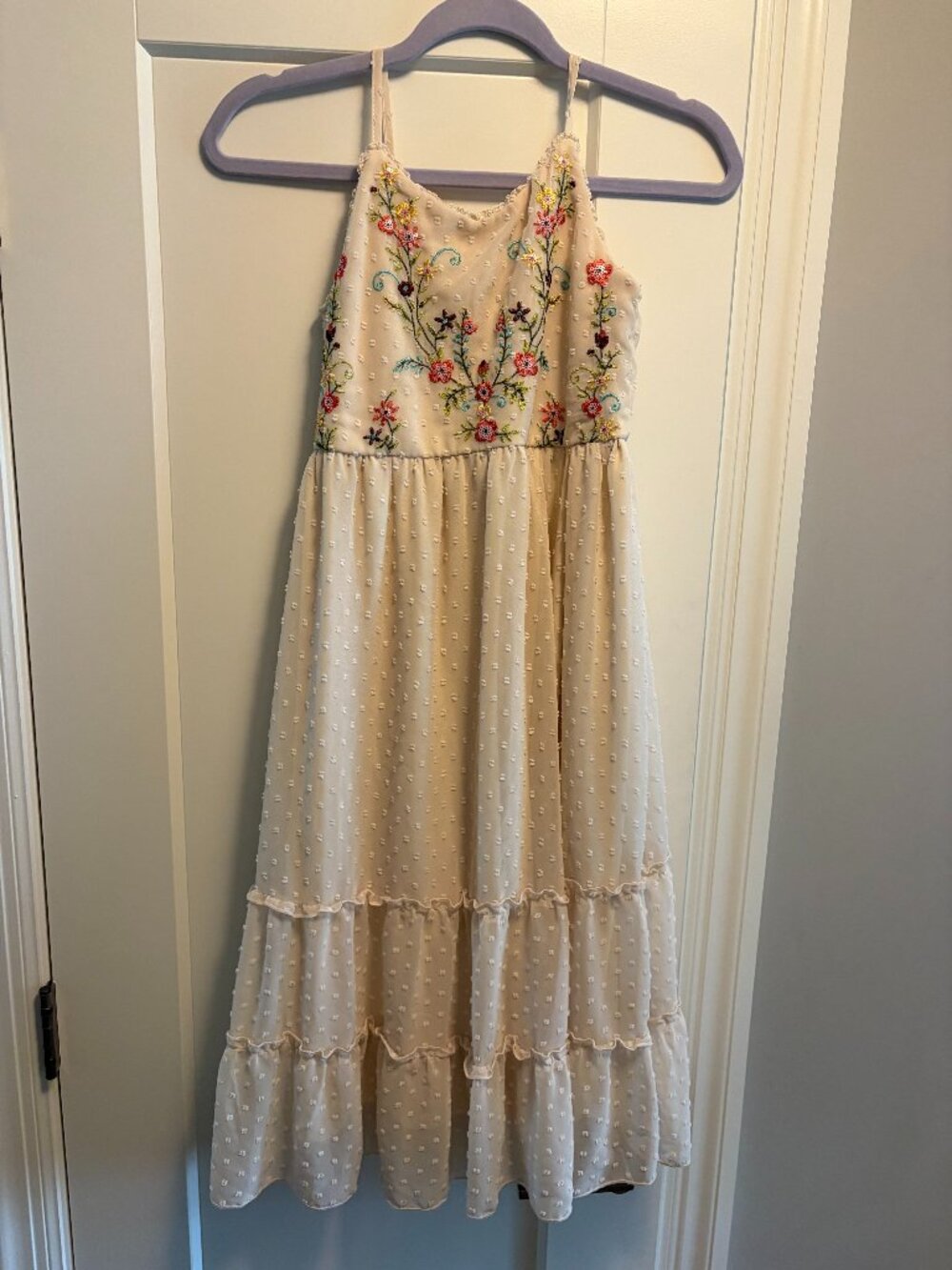 Girl's Boho Ivory Tiered Dress with Delicate Floral Embroidery